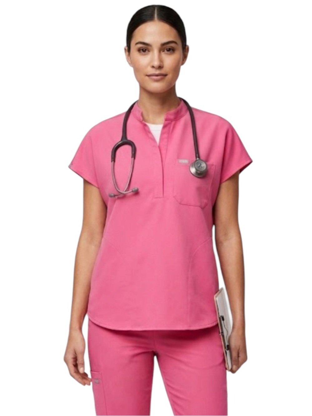 FIGS Montex Scrub Top Women XL Bright Pink Mock Neck Relaxed Fit Pockets
CC